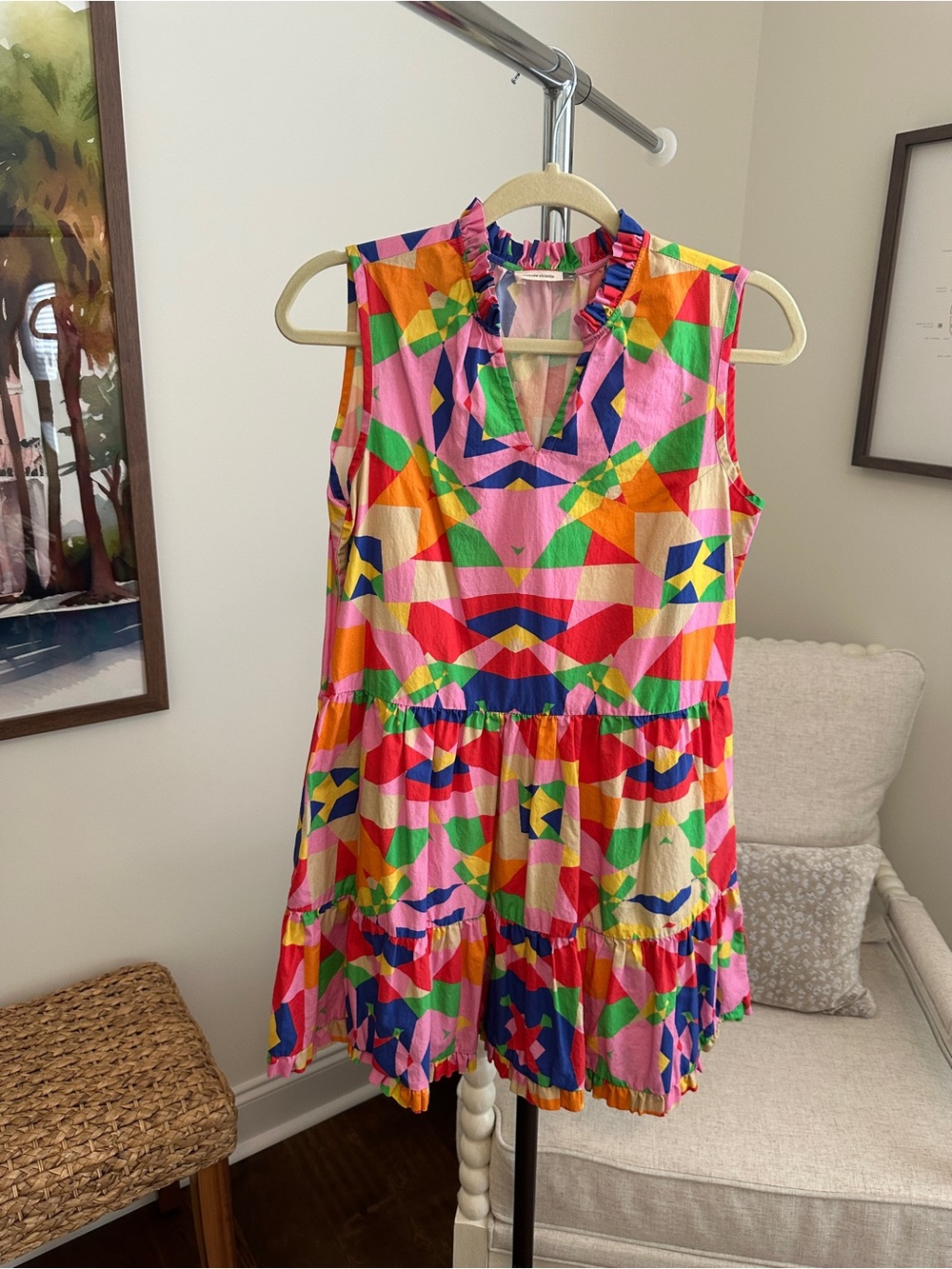 Bright Pink Multicolor Geometric Tiered Mini Dress